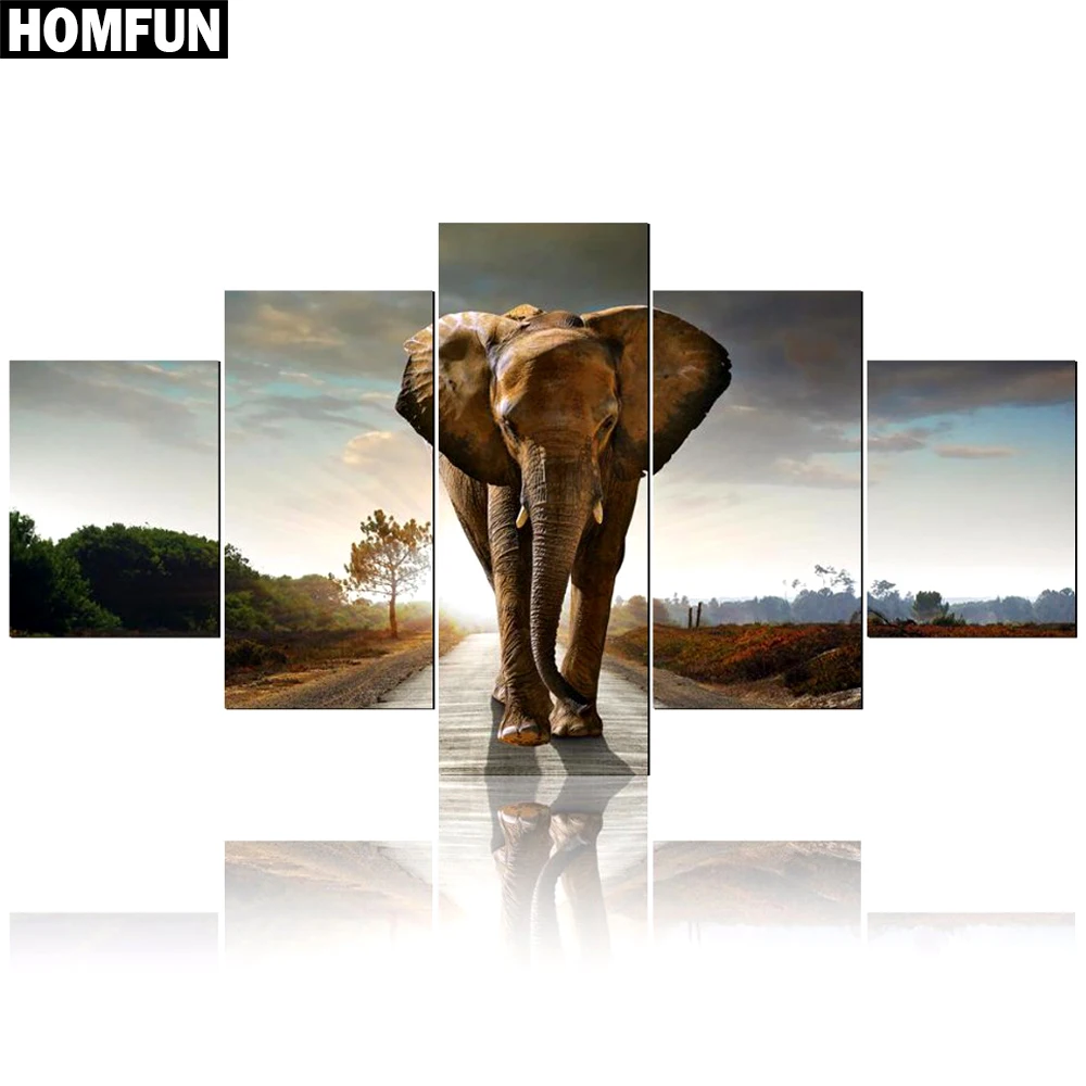 

HOMFUN 5pcs Full Square/Round Drill 5D DIY Diamond Painting "Animal elephant" Multi-picture Combination Embroidery 5D Decor