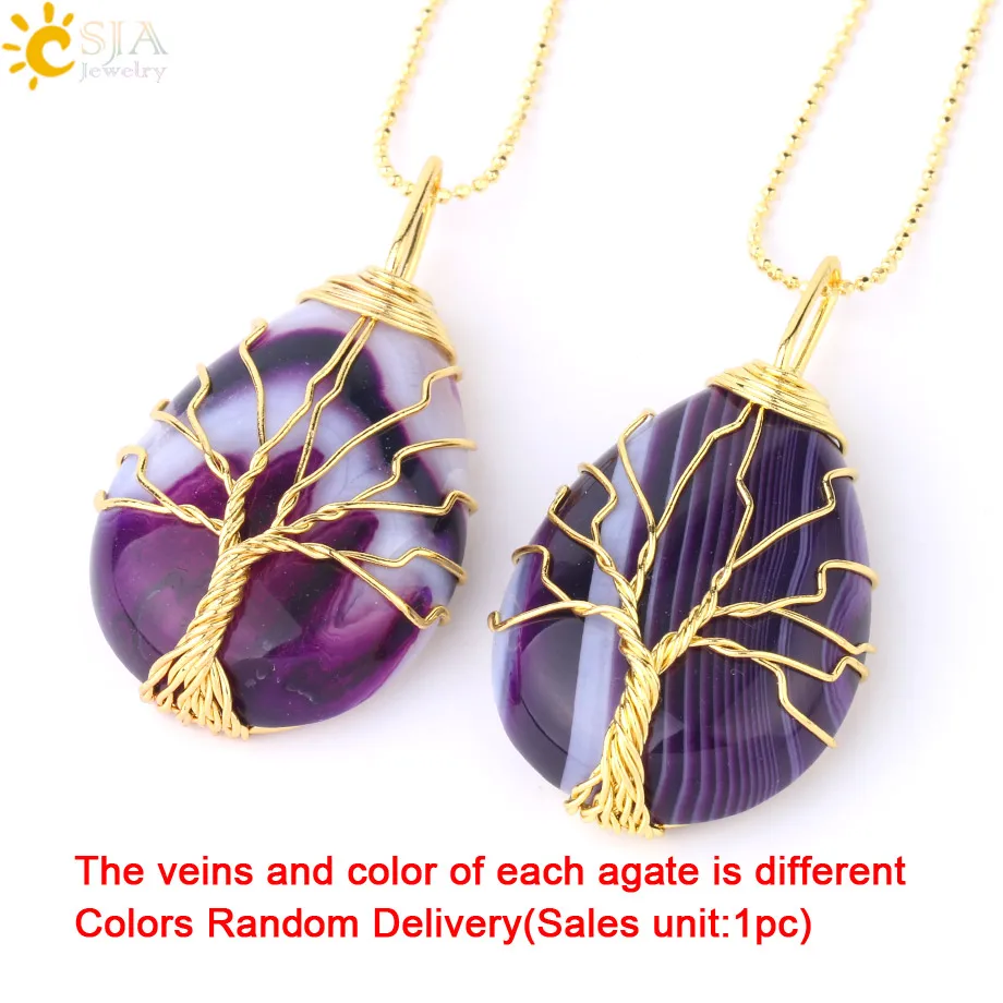Purple Veins Agate G CSJA золотой цвет "Древо жизни" проволочный обруч Капля воды ожерелье и подвесной рейки натуральный драгоценный камень Фиолетовый Синий вены ювелирные изделия из оникса E806 - Окраска металла: Purple Veins Agate G