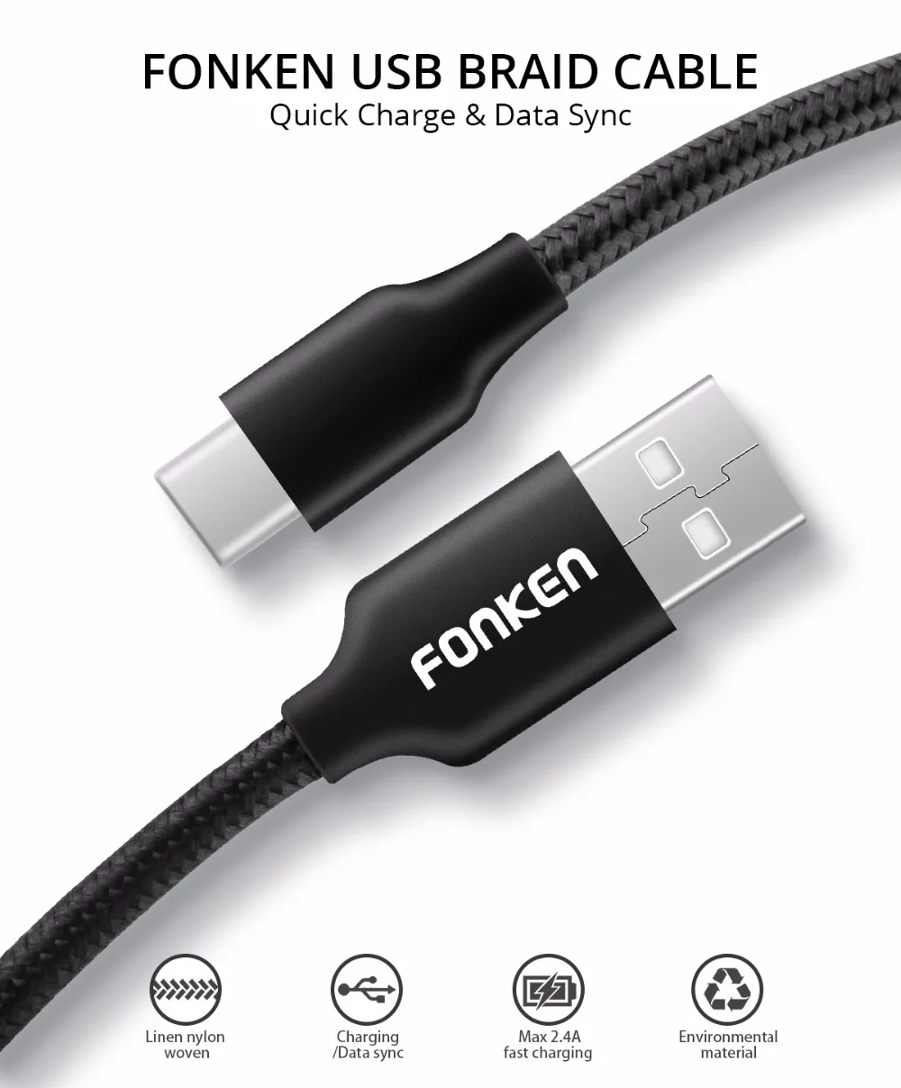 Кабель FONKEN usb type-C с нейлоновой оплеткой USB C кабель для зарядки 1 м быстрое зарядное устройство type-C зарядный шнур Макс. 2,4 А кабели для мобильных телефонов