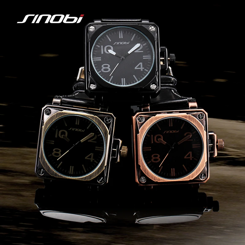 

SINOBI Sports Men's Military Wrist Watches Handsome Leather Watchband Square Surface Clock Strong Man Geneva Quartz Watch 2017