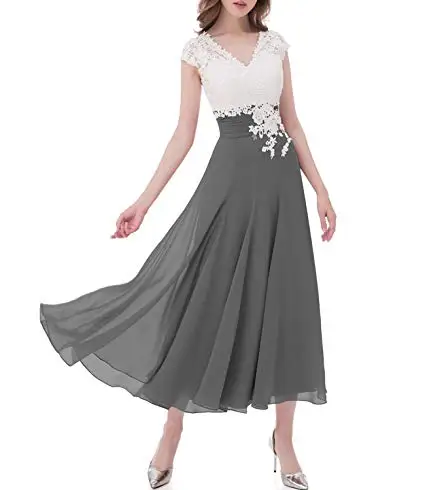 

Dusty Rose 2020 Mother Of The Bride Dresses Wedding Tea Length Cap Short Sleeves White Lace Chiffon V Neck vestidos de madrinha