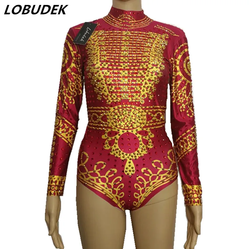 

red Crystals sexy female costume Bodysuit singer dancing DS DJ performance Nightclub Show Stage wear Party show Novelty