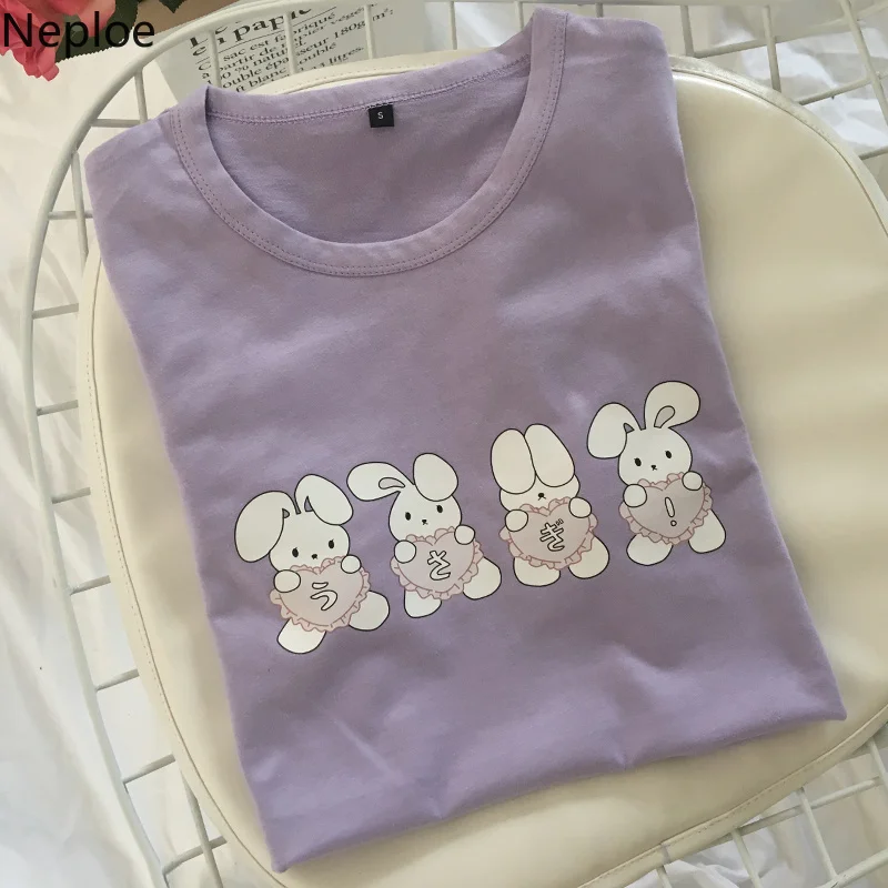 Neploe Kawaii женская футболка с милым Кроликом, женская футболка с коротким рукавом для студенток в стиле преппи, стильная футболка для девочек, хлопковые свободные топы 38608