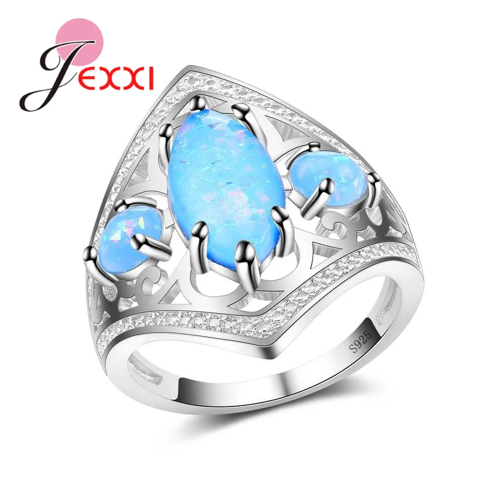 

Fashion Wide Verge Women Female Party Jewelry Accessories 925 Sterling Silver Geometric Ring With AAA Bule Opal