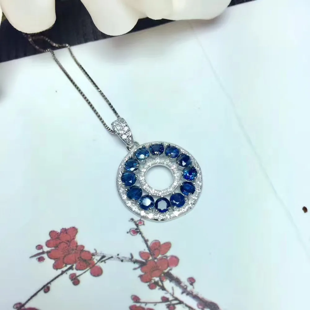 

Natural blue sapphire stone pendant S925 silver Natural Gemstone Pendant Necklace round wheel women girlfriend gift fine jewelry