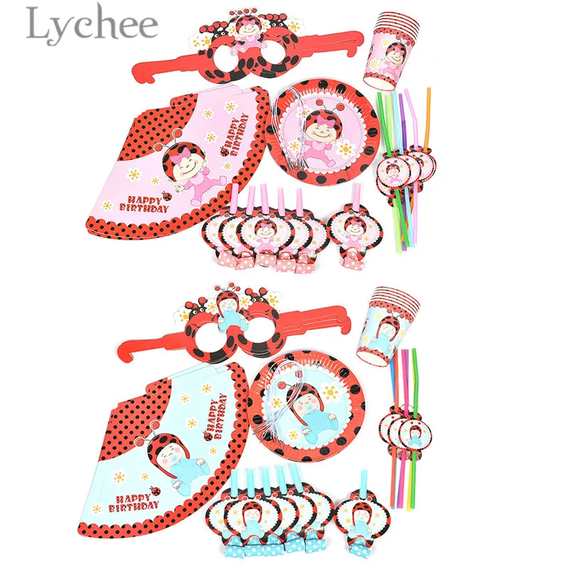 Lychee 36 шт. набор посуды с рисунком божьей коровки для вечеринки синяя и розовая