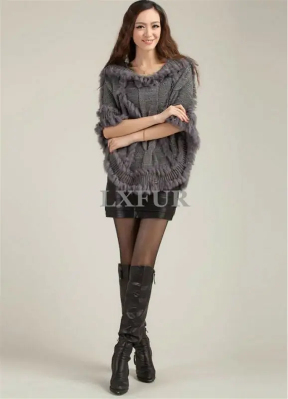 Модные женские вязаные шали с капюшоном и кроличьим мехом повседневные пончо