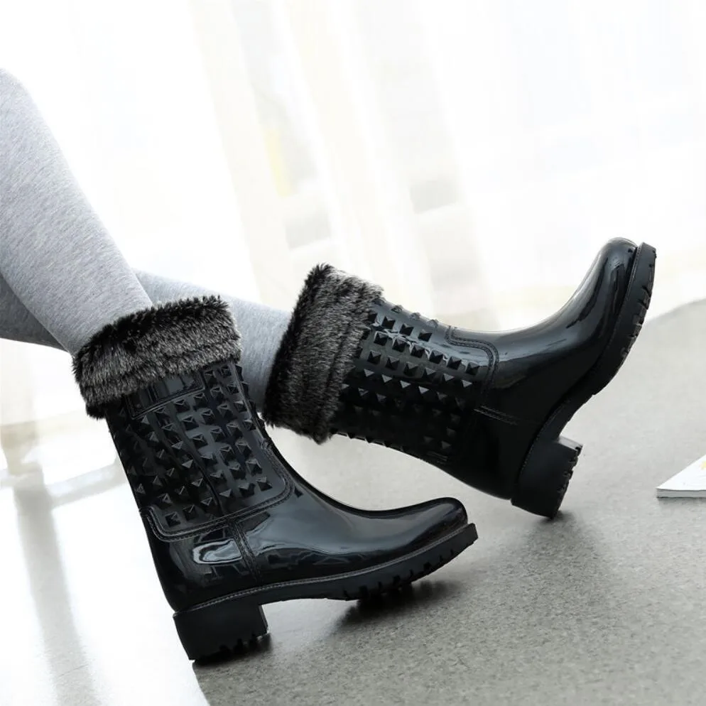 Koovan/непромокаемые сапоги Мода 2017 г. с заклепками Яркие цвета Женские резиновые