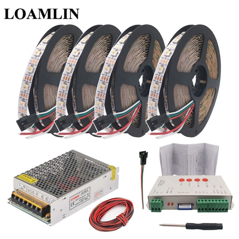 20m SK6812 RGBW светодиодные ленты T-1000S SD карты пиксели RGB Led контроллер DC5V Led Трансформатор комплект 5 м 10 м 15 м 20 м - Испускаемый цвет: 20m