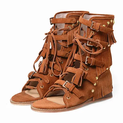Light Brown Prova Perfetto новые этнические стильные сандалии с кисточками и заклепками летние замшевые дышащие женские туфли на танкетке богемные сандалии сапоги - Цвет: Light Brown