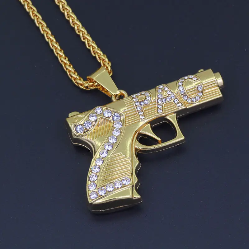 pistol Bling bling AK-47 вращающийся пистолет-Пистолет Хип-хоп золото серебро кристалл кулон ожерелье, Льдом Из кубинской цепи ювелирные изделия - Окраска металла: pistol