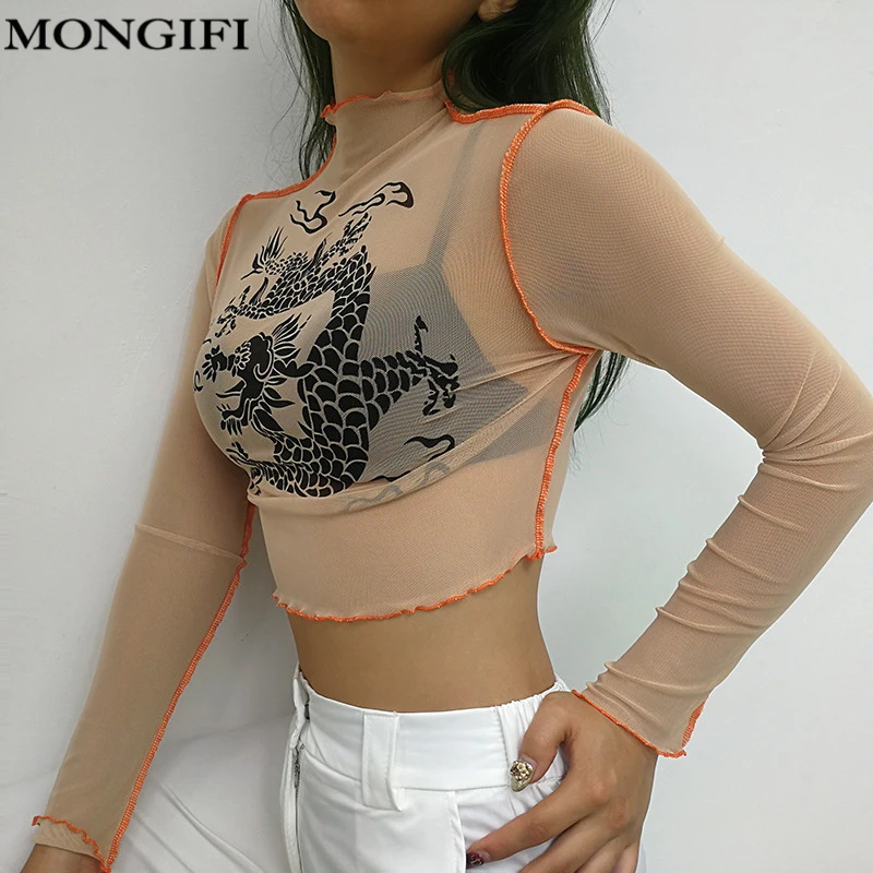 MONGIFI Черный Дракон печатных футболка Femme пикантные Перспектива с длинным рукавом