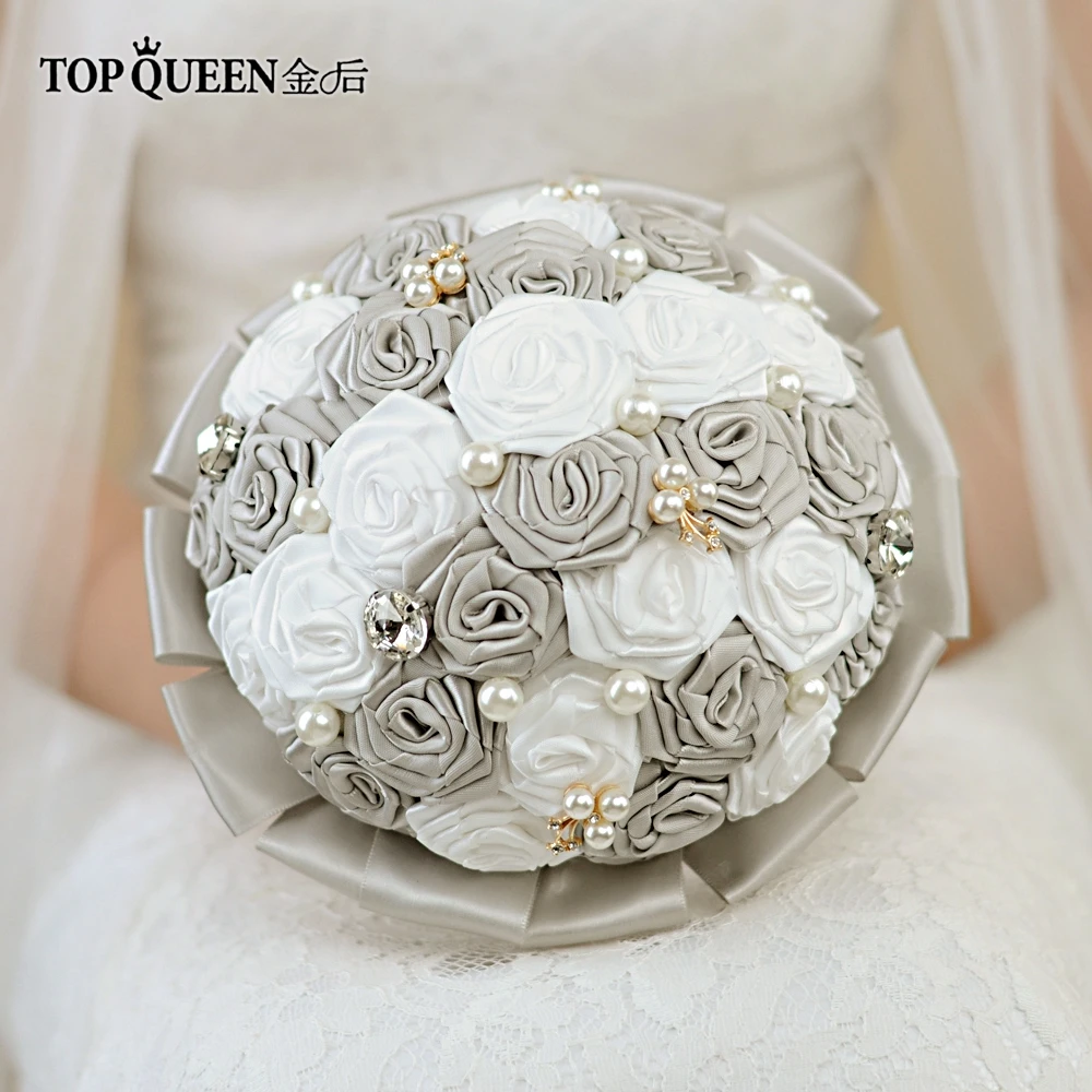 TOPQUEEN F6-GR Потрясающие Свадебные цветы Букеты Свадебные букеты Искусственные белые розы и темно-серые розы и жемчуг