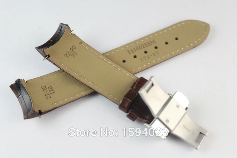 22mm (Buckle 20mm) T035410A T035407A High Quality Silver Butterfly Buckle + Brown Genuine Leather curved end Watchband belts man
