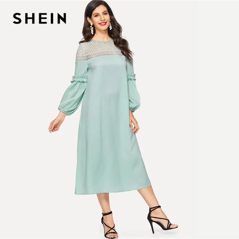 SHEIN Платье С Оригинальным Рукавом И Поясом Винтажное Платье С Кружевными Вставками Стильное Макси Платье