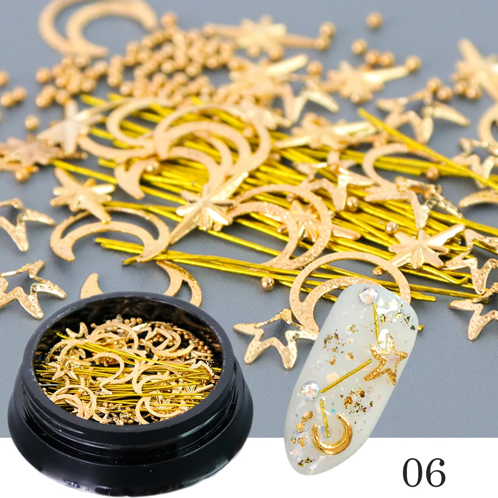 1 box Multi 3D Gold Silver Design Nail Decorations Mixed Star Moon Metal Slice Rivet Tips for Manicure Charms Rhinestone TR682 | Красота и