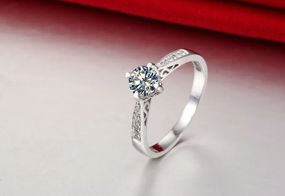 4 зубца полое 1CT Стерлинговое Серебро Гарантия 18K Белое Золото покрытое
