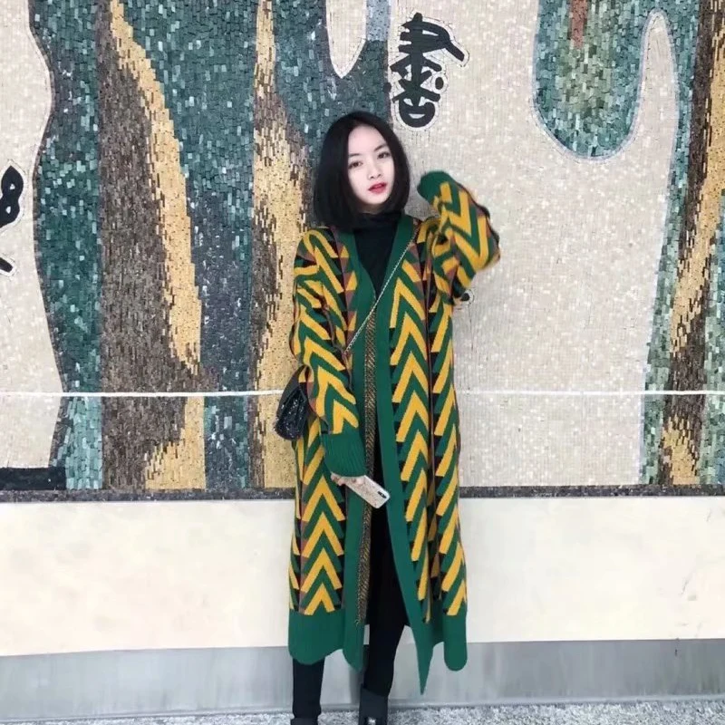Women Autumn Green Long Cardigan 2018 Womens Boho Argyle Print Warm Winter Sweaters Female Knitted Sweater Tops pull hiver femme |