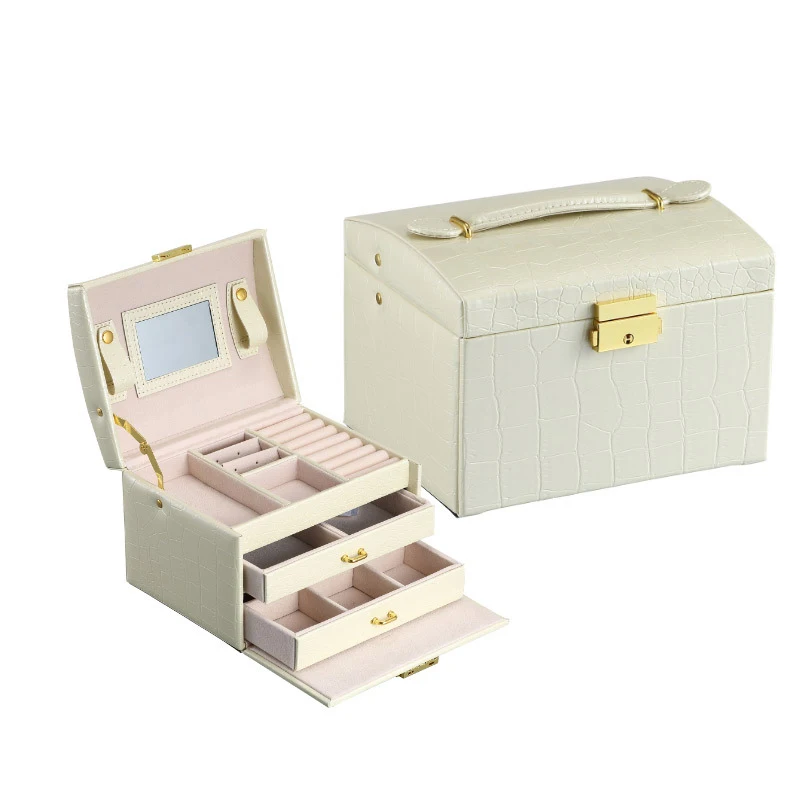 Beige Полоса из искусственной кожи Ювелирная упаковка 3-Слои двойной ящика макияж ящик для Для женщин кольцо серьги Цепочки и Ожерелья хранения Коробки ящики для путешествий - Цвет: Beige
