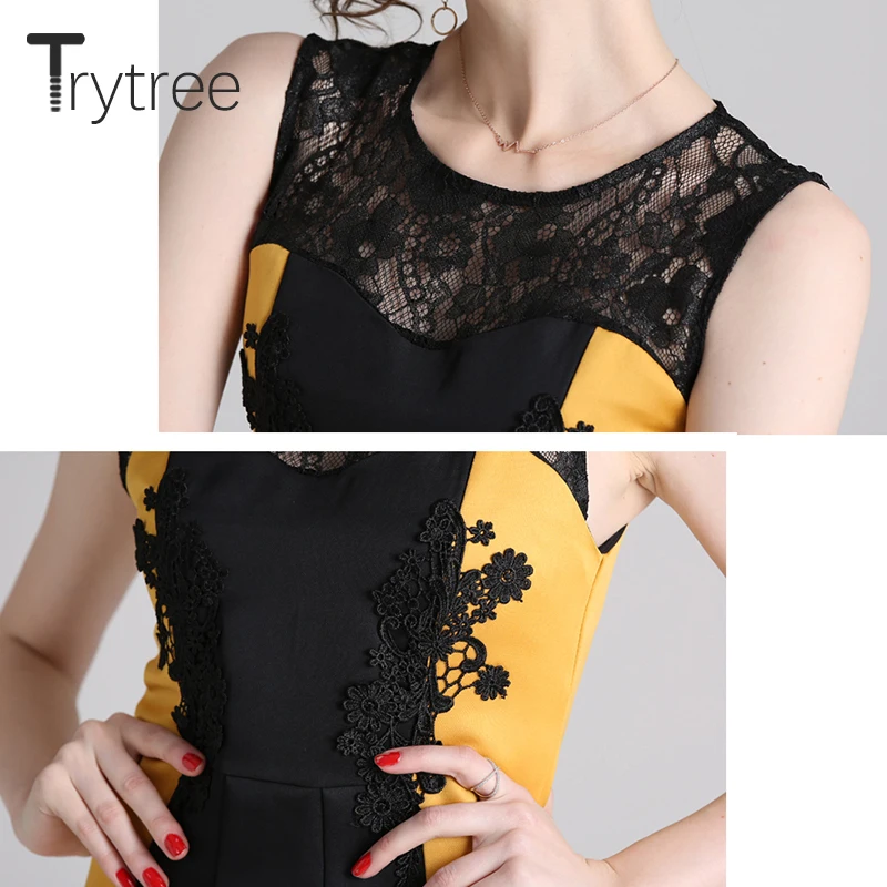 Trytree летнее уличное платье кружевное без рукавов ТРАПЕЦИЕВИДНОЕ женское желтое