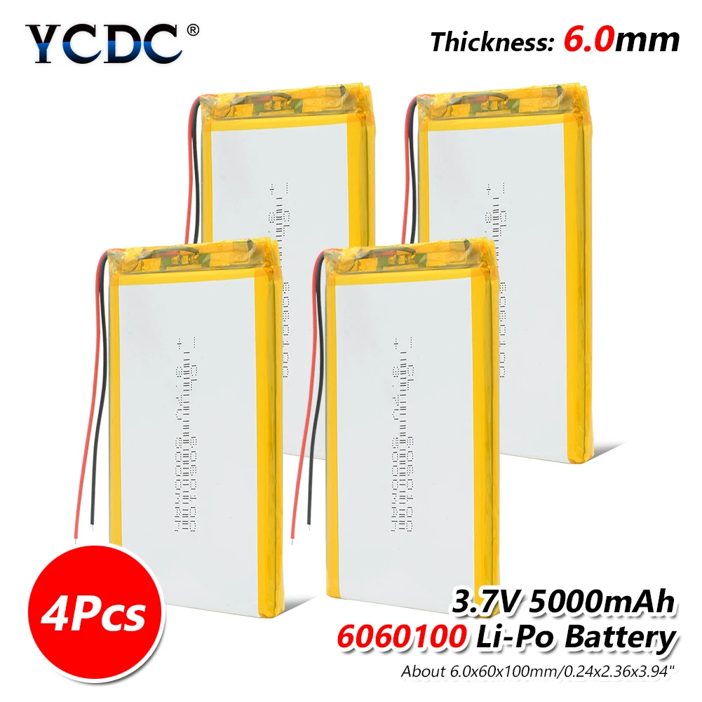 4 pieces 1/2/4 шт. Прочный 6060100 5000mAh 3,7 V литий-полимерные аккумуляторы 3,94x2,36x0,2"(Д x Ш x В) Перезаряжаемые Li-Po Lipolymer Батарея - Цвет: 4 pieces