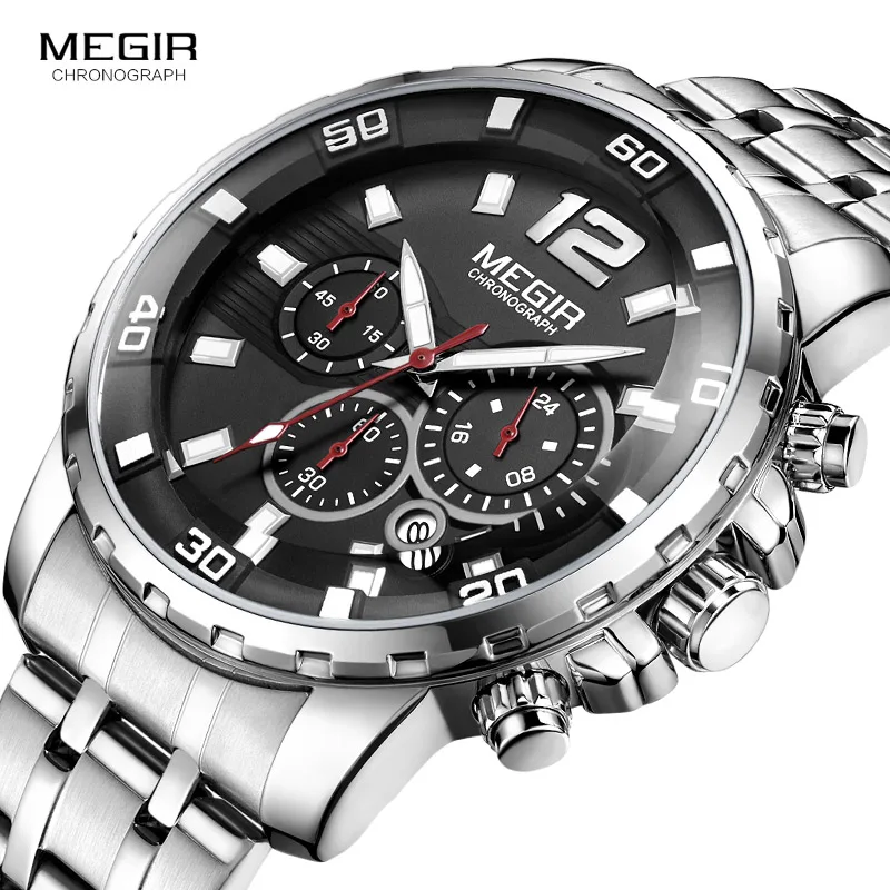 

Megir Men's Chronograph Quartz Watches Stainless Steel Analogue Wristwatch for Man 24-hour Display Waterproof Luminous