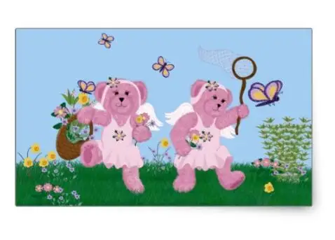 

6cm*3cm Twins Pink Angel Bears Flowers and Butterflies Rectangular Sticker