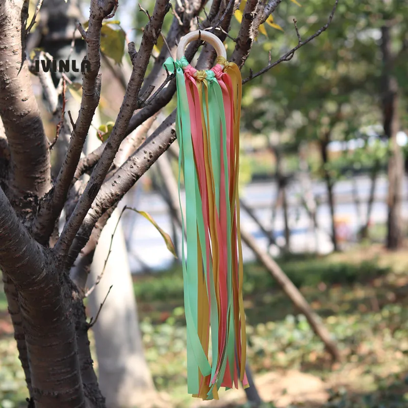 20 шт./лот Золотое и зеленое деревянное кольцо лента Вальдорф Hand Kite Toy Swirl Stremers FLY ME
