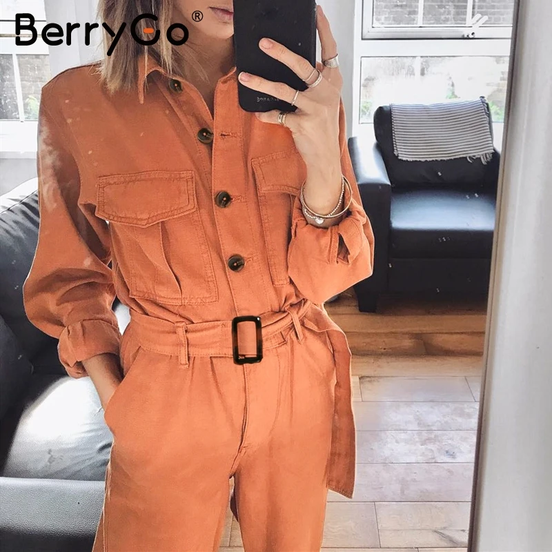 BerryGo повседневные карго хлопковые Оранжевые Комбинезоны Женский пояс карман