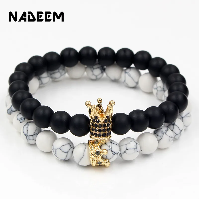 Trendy Lover Couple Gold Copper Crown Charm Beaded Bracelet Sets Women Men Fashion King Queen 2Pcs/Lot CZ Crown Bracelet Jewelry