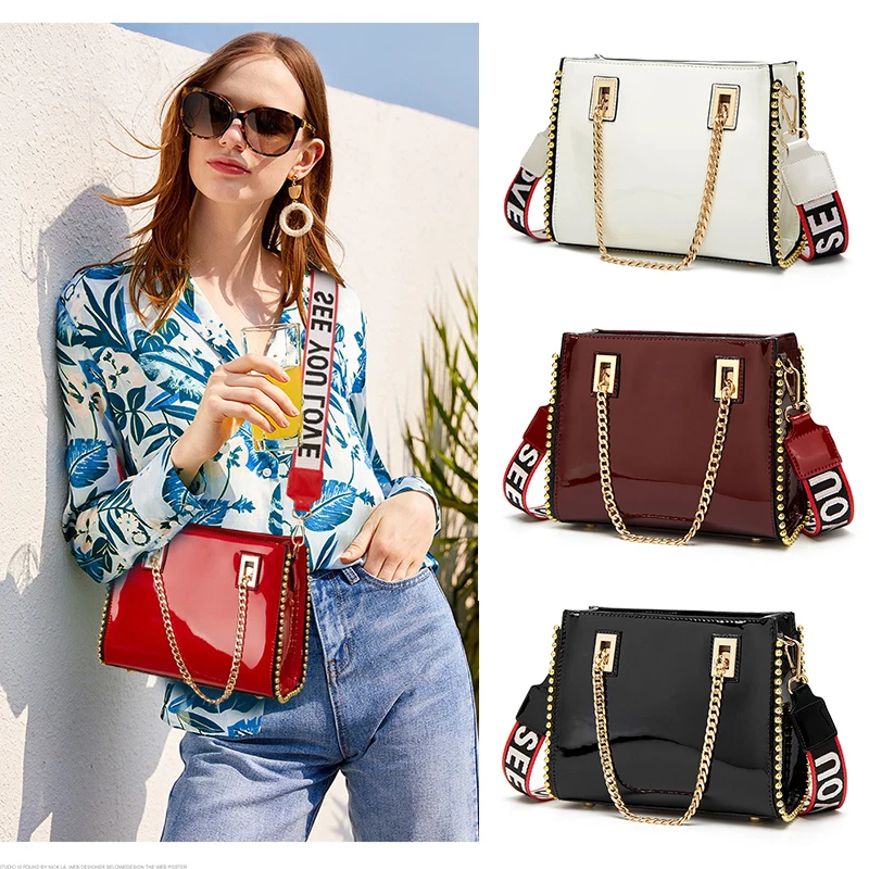 Новое поступление многофункциональные 2021 Лакированная кожа сумки через плечо цепь женские с заклепками