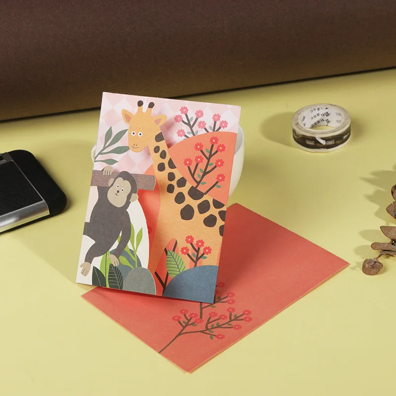 giraffe x12pcs Приглашения в три раза с изображением животных с конвертом медведь Жираф Фламинго пригласительные карты для детей день рождения принадлежности Спасибо карты - Цвет: giraffe x12pcs