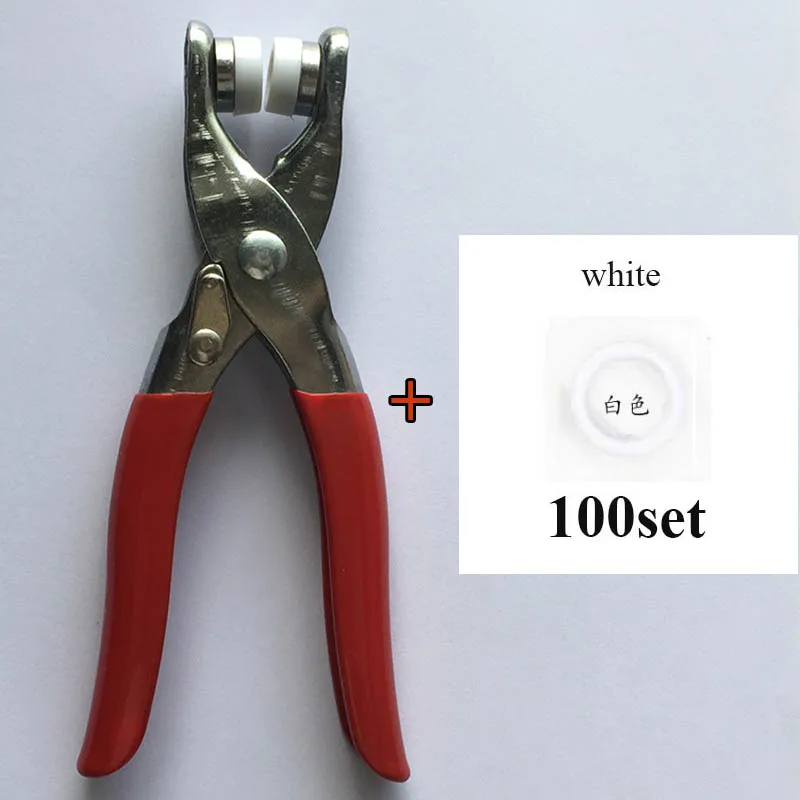 plier and 100 white 100 набор, высокое качество, металлическая латунная зубчатая кнопка, 9,5 мм, 1 шт., плоскогубцы, инструмент и 100 набор, экологически чистые пресс-заклепки, Поппер-пряжка - Цвет: plier and 100 white