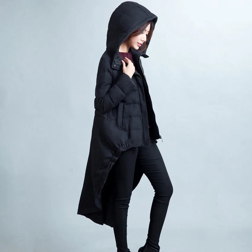 Женский длинный пуховик с капюшоном черный теплый на белом утином пуху Размеры