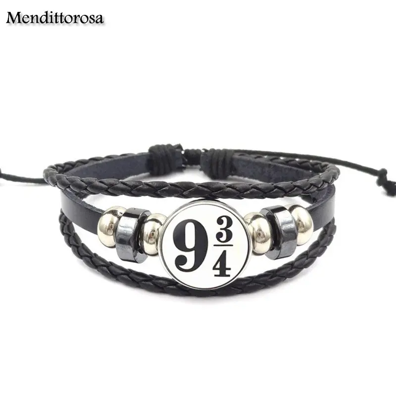 Mendittorosa Vintage Fashion Glass Black Leather Bracelet Bangles Jewelry Handmade For Girl Platform 9 34 Hogwart Express | Украшения и