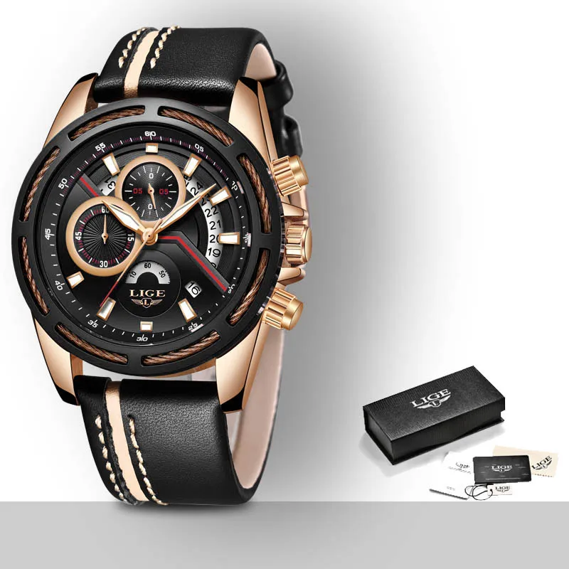 rose gold black Relojes Hombre LIGE, мужские спортивные часы, хронограф, кожаный ремешок, кварцевые армейские военные часы, часы для мужчин, лучший бренд, Роскошные мужские часы - Цвет: rose gold black