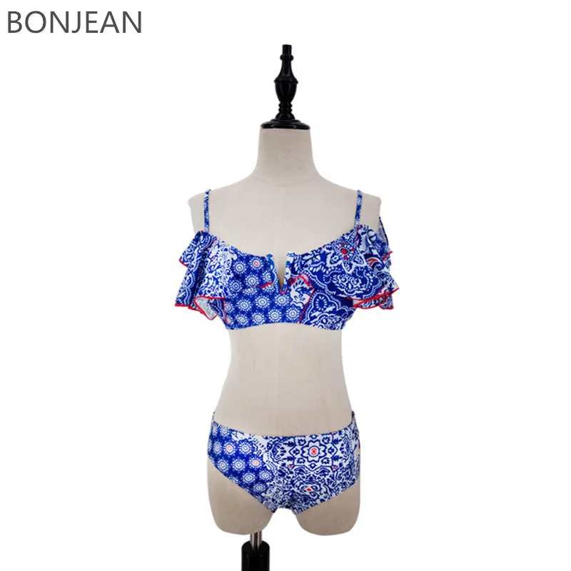 2018 New Bikini Set Women Bandage Push Up Swimsuit Low Waist Backless Swimwear Print Blue Summer Beach Swim |
