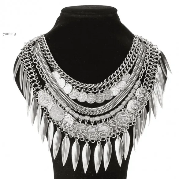 Hot Sell Vintage Necklaces Ethnic Jewelry Carving Flower Letter Round Gold/Silver Coin tassels Choker necklaces 36 | Украшения и