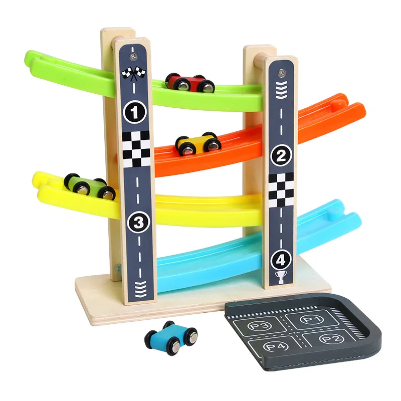 Interesting gliding racing car parking lot of four-storey track wooden digital cognitive intelligence visual tracking toys | Игрушки и