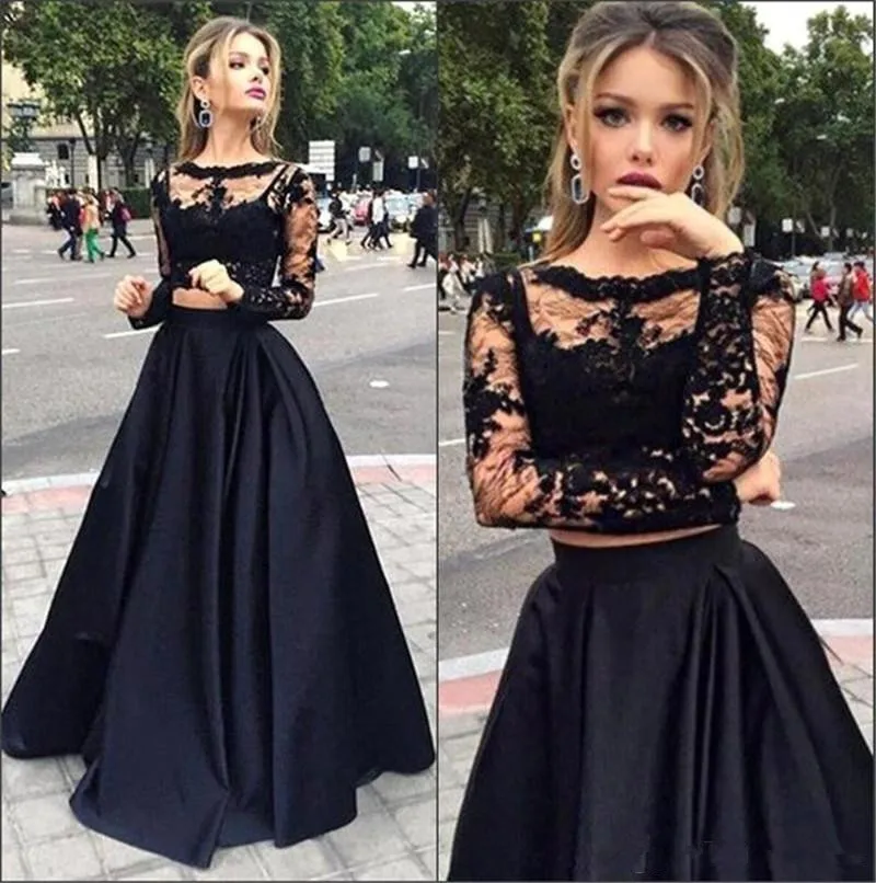 

Black Muslim Evening Dresses A-line Long Sleeves Lace Two Pieces Islamic Dubai Saudi Arabic Long Prom Evening Gown
