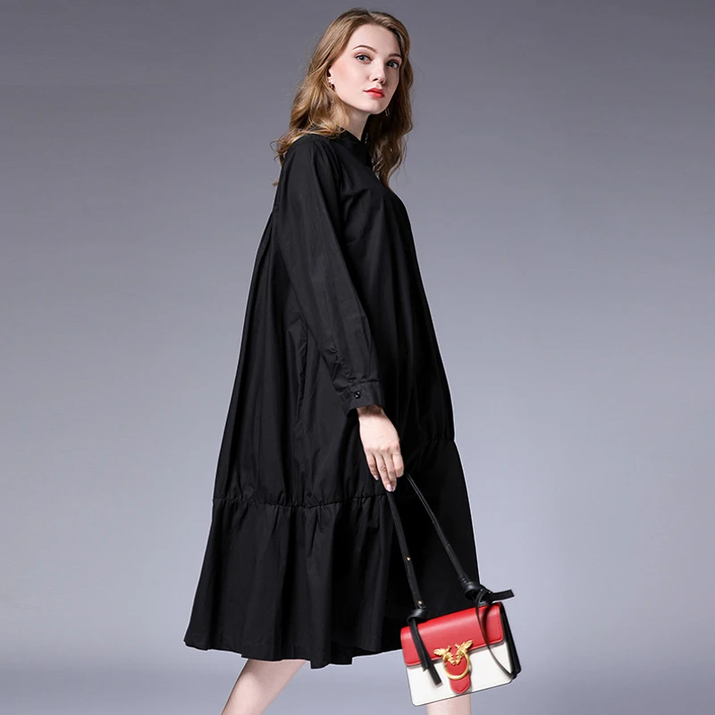 Queechalle XL 4XL Plus Size Mid Long Shirt Dress Autumn Solid Sleeve Loose A line for Women Gray Mulberry Red Black|Женские платья| |