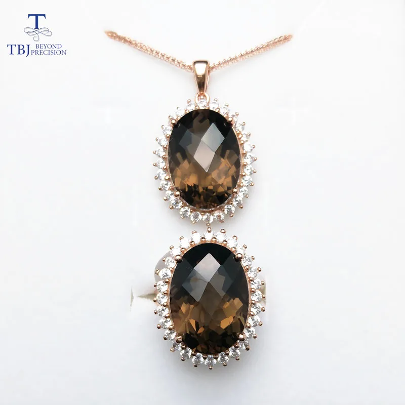 Tbj диана вечерние gemstonejewelry Комплект Кулон и кольцо с 22 ctnatural дымчатый кварц для