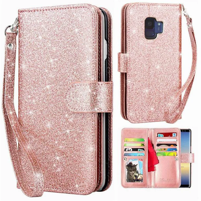 Блестящий чехол-книжка с откидной крышкой и отделением для кредитных карт в