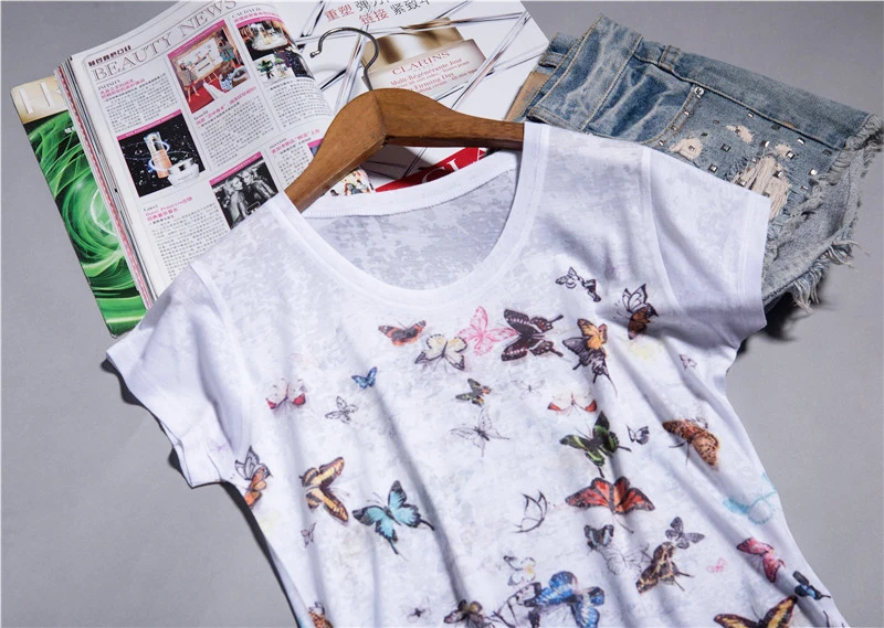 Тонкая шелковая хлопковая Футболка с принтом двойной бабочки женские топы