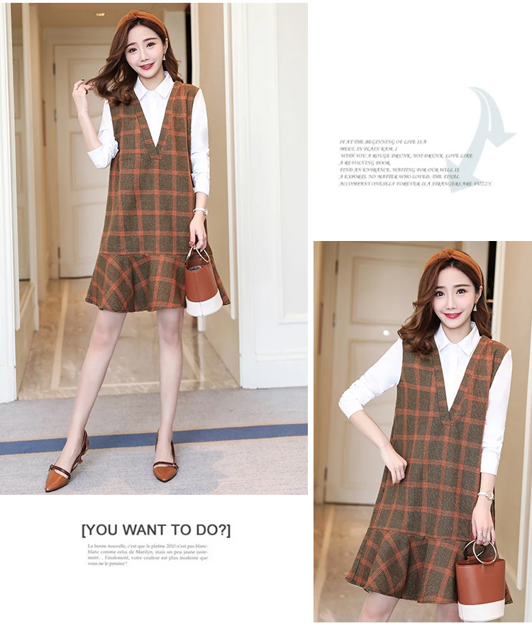 Maternity wear spring plaid stitching shirt collar loose fashion maternity dress women dress Long sleeve Cotton Pregnant Dress
