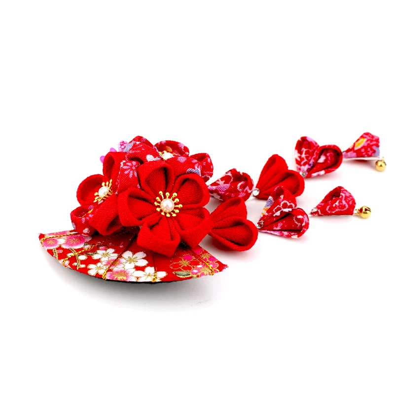 Японский стиль tsuami Kanzashi Розовый Красный кисточки Цветок сакуры веер кимоно аксессуар ручной работы заколка для волос HW002