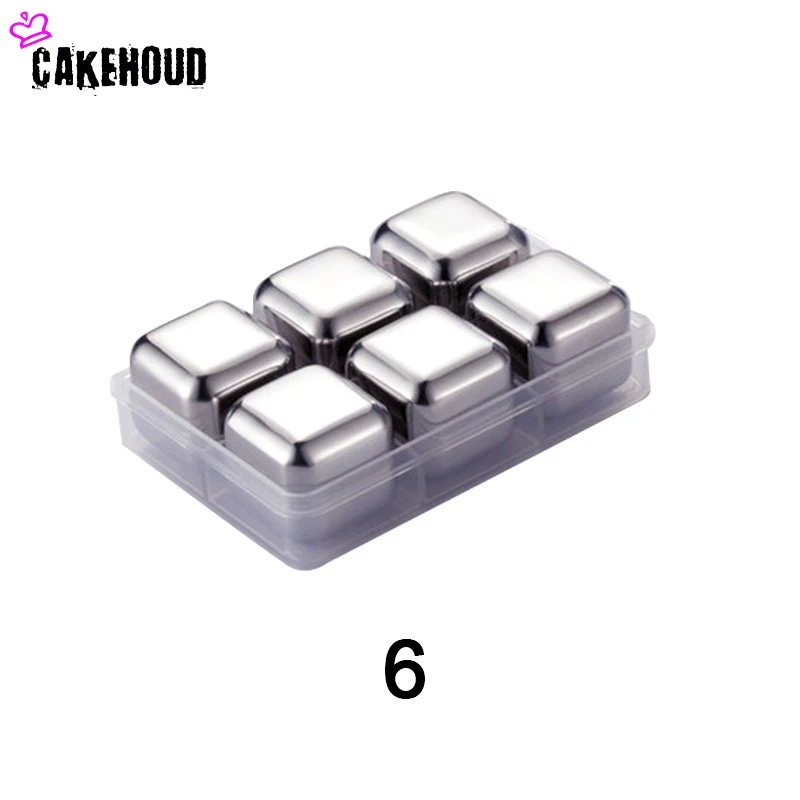 Square 6 CAKEHOUD Управление по санитарному надзору за качеством пищевых продуктов и медикаментов Класс виски охладитель пива, вина кубики льда камень Нержавеющая сталь 4/6/8 шт. с Пластик коробка для Охлаждения пива охладитель - Цвет: Square 6