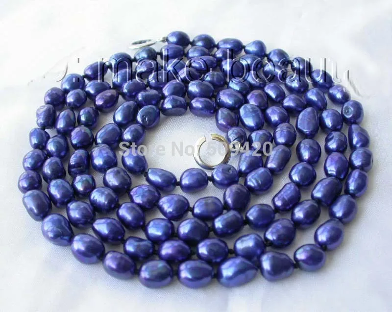 

fast Shipping stunning long 50" 9-11mm baroque blue freshwater cultured pearl necklace