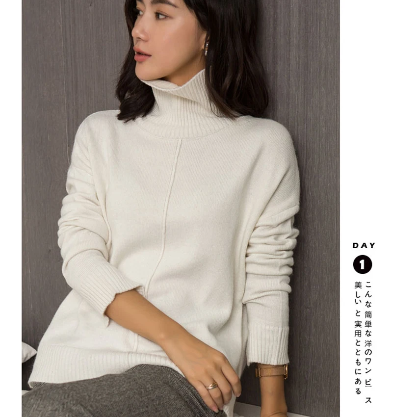 Women Sweaters 100% Cashmere and Wool Knitwear Hot Sale Turtleneck 5Colors Loose style Pullovers Female Sweater Ladies Clothes | Женская