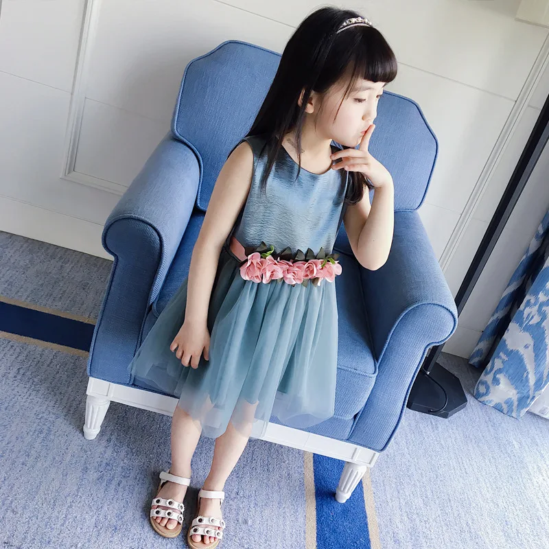Сетчатое платье без рукавов с цветочным рисунком для девочек лето 2018 милое